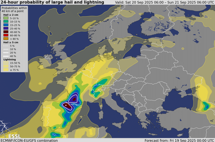 DANA provoca mau tempo, com chuva forte e trovoadas em partes da Europa Ocidental, assim como granizo grande