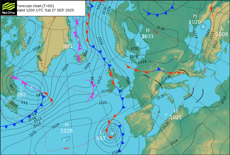 Sistema frontal complexo previsto pelo modelo UKMO\MetOffice para este domingo