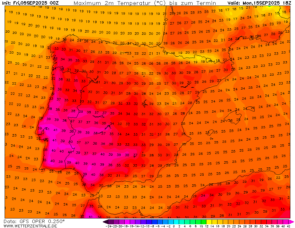 Pode haver algum exagero nas previsões GFS, como por vezes acontece, mas é possível mais de 40ºC a meio do mês, conforme previsão atual