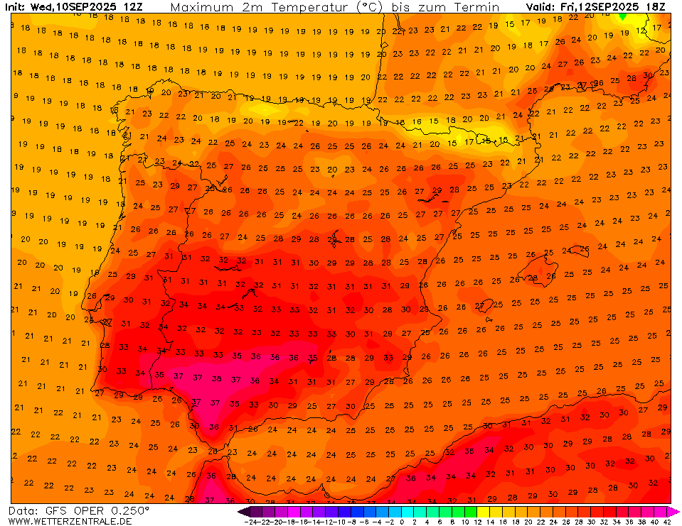 Massa de ar (sub) tropical quente entra em Portugal - mas a corrente de jato ainda se mantém incerta - saiba a previsão do tempo na sexta, 12 de setembro de 2025 Temperaturas máximas para esta sexta-feira - previsão NOAA GFS - via wetterzentrale