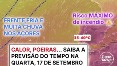 Temperaturas até 40ºC em Portugal Continental e poeiras, num dia de calor invulgar em Setembro... chuva forte nos Açores - saiba a previsão do tempo na quarta, 17 de setembro de 2025 Temperaturas até 40ºC em Portugal Continental e poeiras, num dia de calor invulgar em Setembro... chuva forte nos Açores - saiba a previsão do tempo na quarta, 17 de setembro de 2025