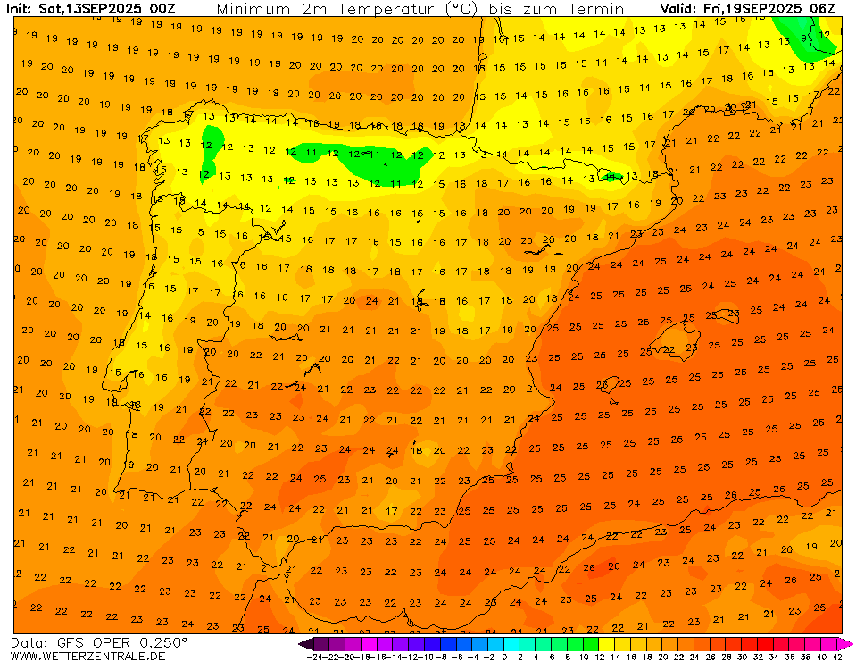 Onda de calor em Portugal - Temperaturas até 40ºC, tempo seco e risco máximo de incêndio - saiba como estará na sua região - 14 a 19 de setembro Mínimas e máximas previstas para dia 19 de setembro - GFS - será por volta deste dia o pico da onda de calor