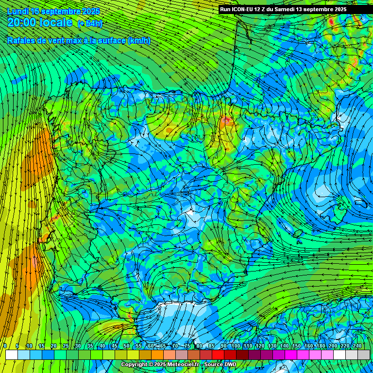 Depressão no Atlântico Norte provoca forte ondulação - atenção nas praias! - saiba a previsão do tempo na segunda, 15 de setembro de 2025 Vento forte (nortada) prevista pelo modelo ICON-EU para esta segunda-feira