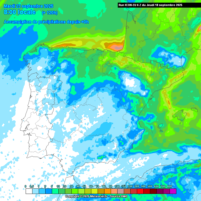 Uma depressão provoca descida acentuada das temperaturas, vento forte, mas será que haverá chuva, ou não passa de ameaças? Assim será o tempo no fim-de-semana 20 e 21 de setembro de 2025 Precipitação prevista para os próximos dias... muito pouca. Modelo ICON via Meteociel