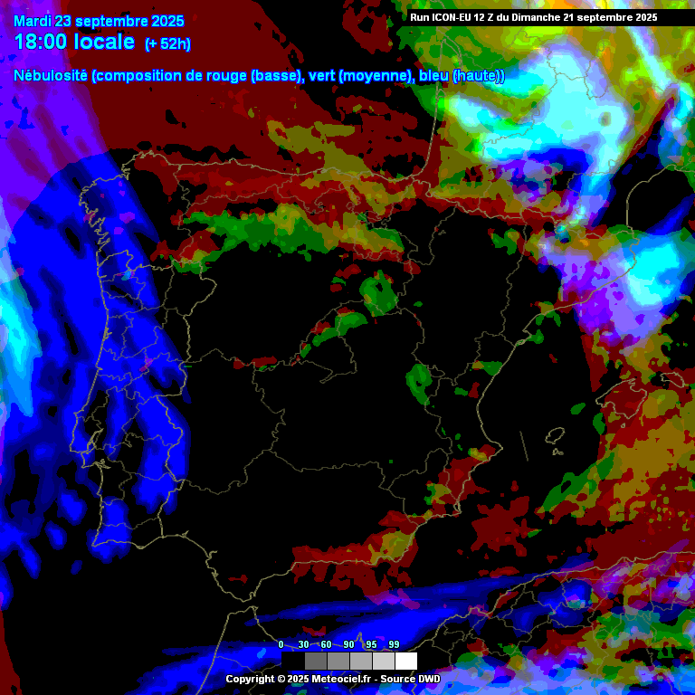 Começa o outono com a temperatura a subir, e a nortada a desaparecer! - saiba a previsão do tempo na terça, 23 de setembro de 2025 Nebulosidade alta (a azul) prevista para terça - mas com muito sol!