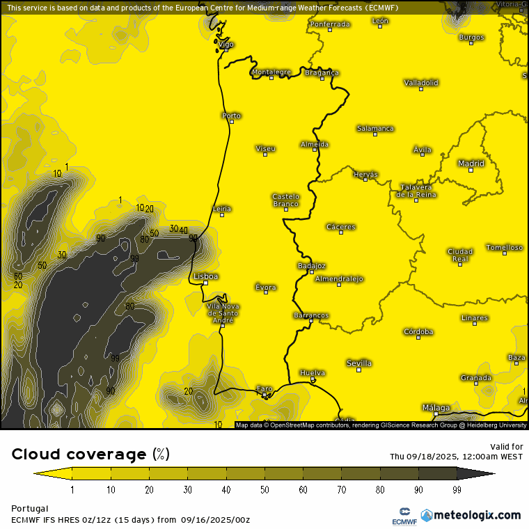 Um dia MUITO abafado, desagradável, com nuvens e muito calor, assim como poeiras de África - saiba a previsão do tempo na quinta, 18 de setembro de 2025 Aumento da nebulosidade previsto para esta quinta ao longo do dia - previsão ECMWF, via Meteologix