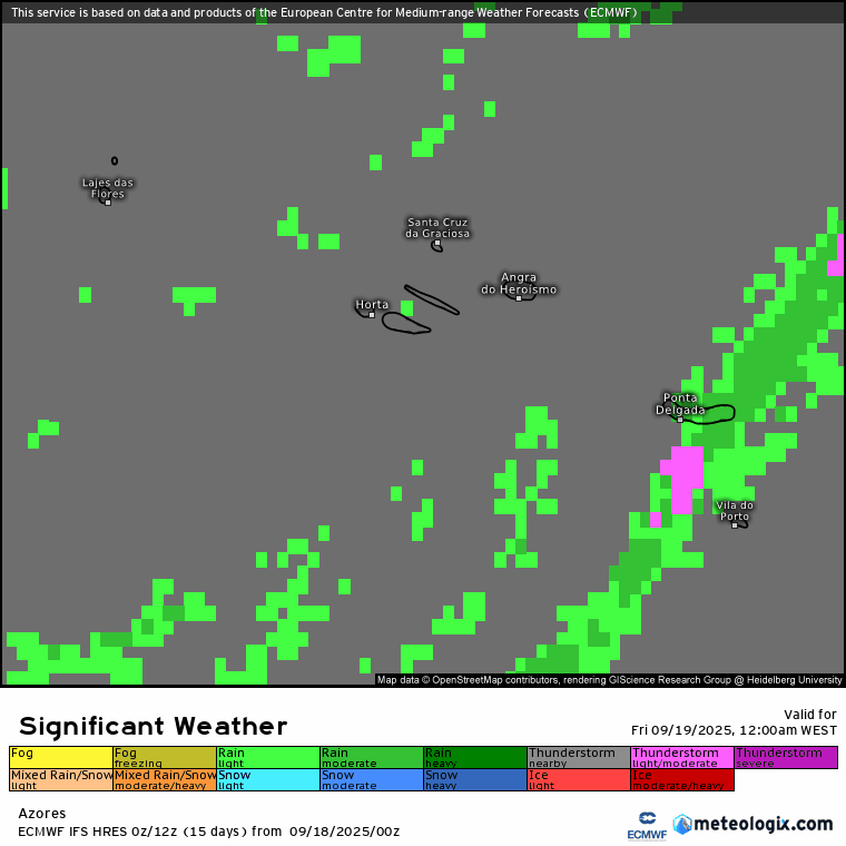 Temperaturas voltam a subir na despedida do Verão... e pode haver trovoadas - saiba a previsão do tempo na sexta, 19 de setembro de 2025 Precipitação matinal em algumas Ilhas nesta sexta, representada pela cor VERDE