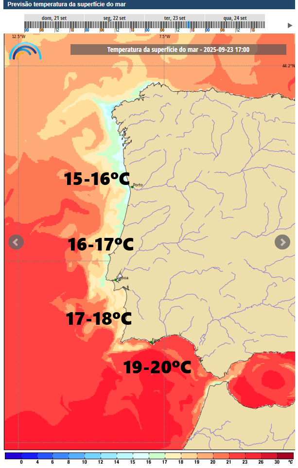 Começa o outono com a temperatura a subir, e a nortada a desaparecer! - saiba a previsão do tempo na terça, 23 de setembro de 2025 Temperatura da água do mar prevista para esta terça, dia 23 de setembro