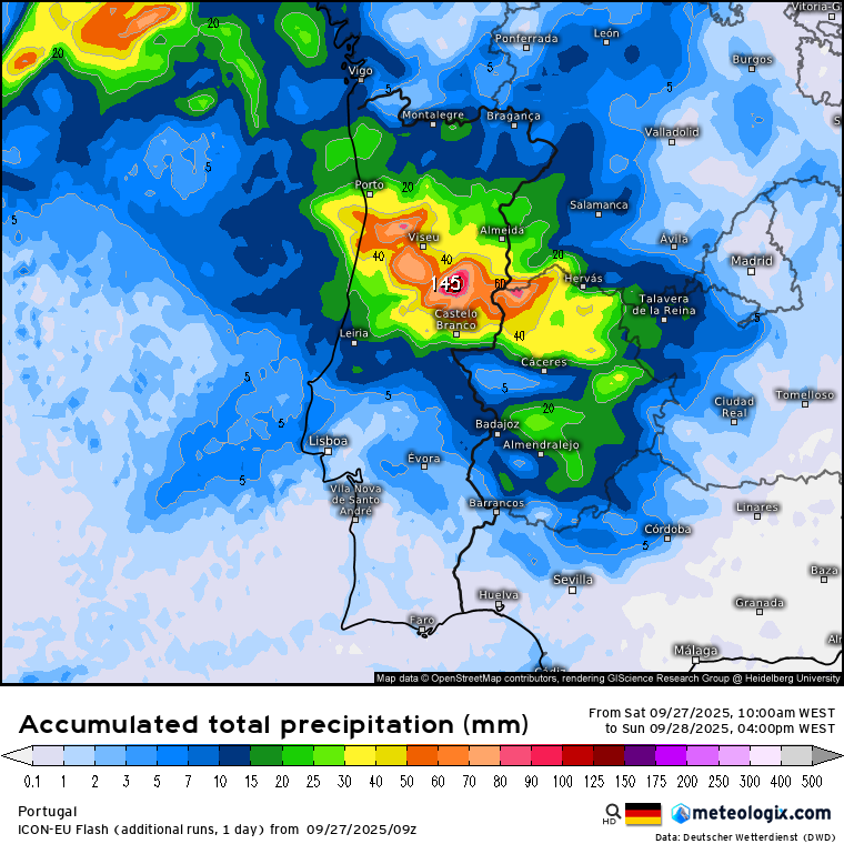 Mau tempo - Depressão pode deixar fortes enxurradas e inundações nas zonas afetadas pelos incêndios, neste domingo Mau tempo - Chuva forte no domingo, previsão ICON-EU, com risco de enxurradas