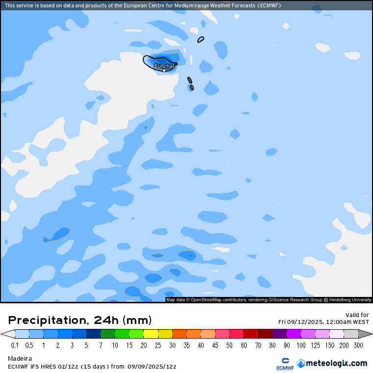 Anticiclone ganha força, aproxima-se um período de tempo mais quente, mas continua a humidade! Saiba a previsão do tempo na quinta, 11 de setembro de 2025 Precipitação prevista pelo modelo ECMWF - quinta-feira