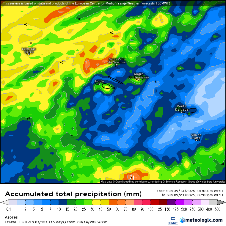 Precipitação ao longo desta semana nos Açores - previsão ECMWF