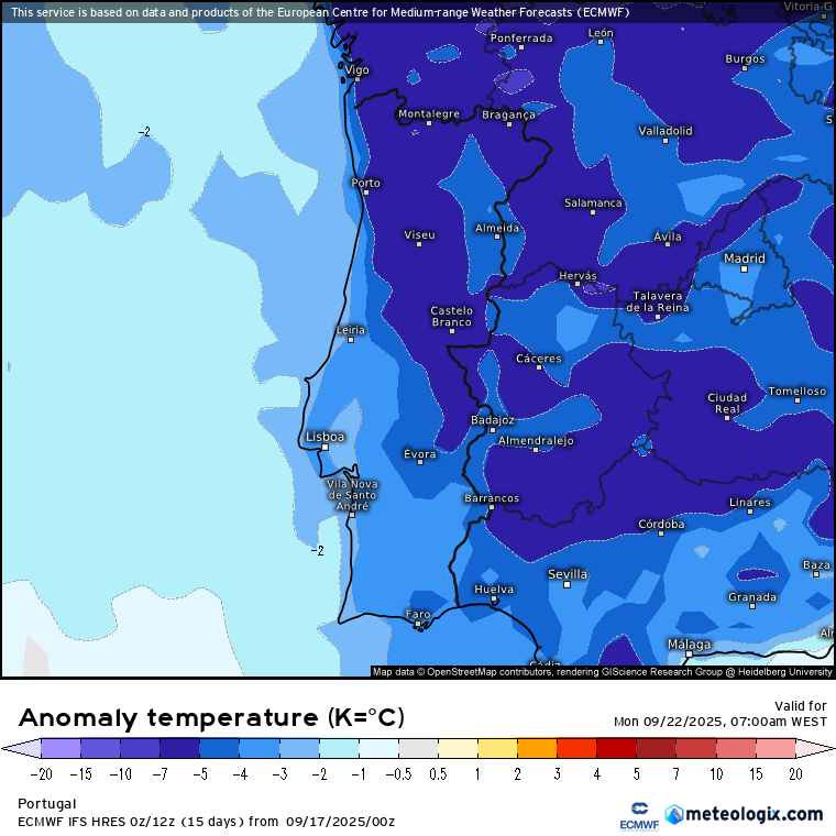 Algum frio e possíveis geadas na próxima semana devido a uma crista Atlântica, mas não guarde a roupa de Verão - tempo "bipolar" na segunda quinzena de setembro Temperaturas mínimas até 5-7ºC abaixo da média para a época do ano - algum frio noturno e prováveis geadas