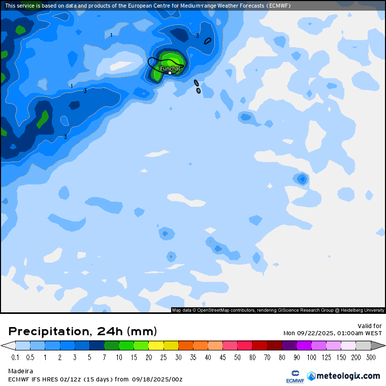Uma depressão provoca descida acentuada das temperaturas, vento forte, mas será que haverá chuva, ou não passa de ameaças? Assim será o tempo no fim-de-semana 20 e 21 de setembro de 2025 Chuva prevista para o arquipélago da Madeira para este domingo, 21 de setembro - ECMWF