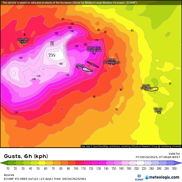 Furacão Gabrielle leva ventos até 160km/h aos Açores, muita chuva e mar agitado - saiba como evoluirá esta depressão na aproximação a Portugal Continental Rajadas previstas pelo modelo ECMWF - ainda sujeito a alterações
