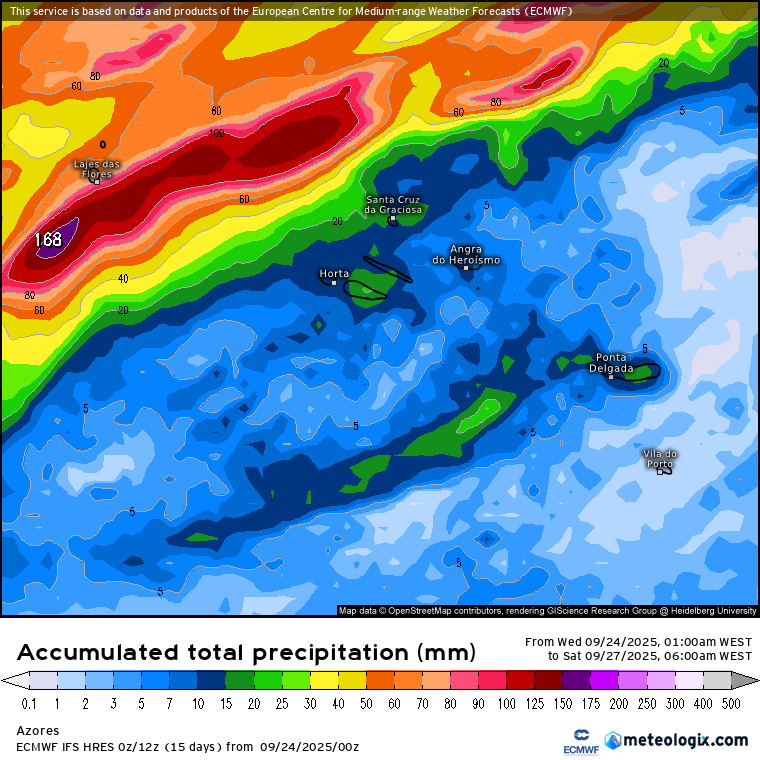 Furacão Gabrielle leva ventos até 160km/h aos Açores, muita chuva e mar agitado - saiba como evoluirá esta depressão na aproximação a Portugal Continental Precipitação prevista pelo modelo ECMWF - ainda sujeito a alterações