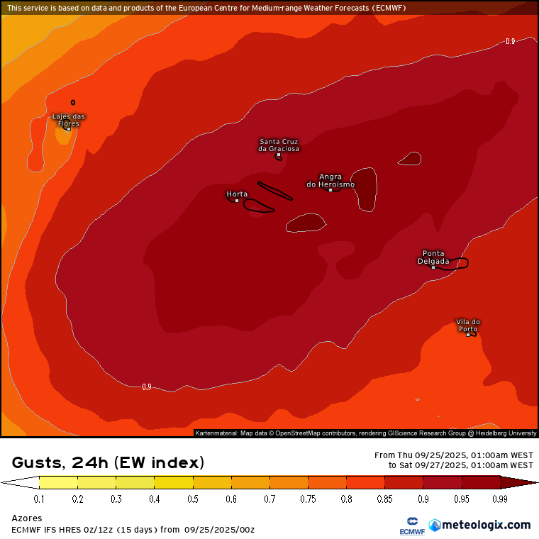 Gabrielle pode ser uma das piores tempestades em décadas nos Açores, com rajadas perto de 200km/h - agravamento das previsões para 26 de setembro Rajadas muito raras\inéditas possíveis no arquipélago dos Açores