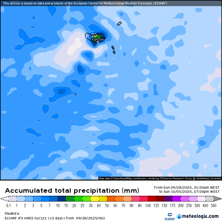 A previsão ECMWF indica alguma precipitação ao longo da semana no arquipélago da Madeira, mas algo não muito relevante!