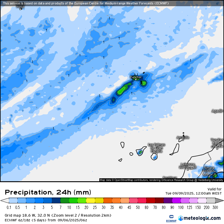 Chuva prevista pelo modelo ECMWF para esta segunda-feira - previsão muito difícil, incerteza