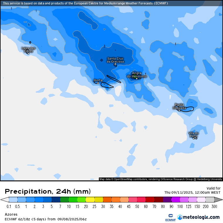 Mais uma frente fria, e mais chuva, num dia muito cinzento em várias regiões - saiba a previsão do tempo na quarta, 10 de setembro de 2025 Precipitação prevista total para esta quarta-feira nos Açores - ECMWF