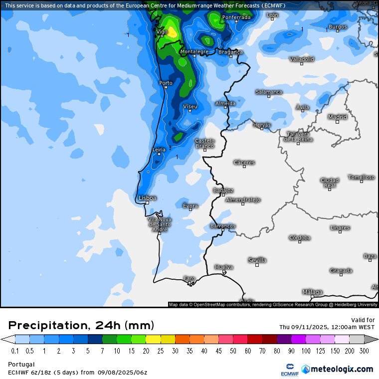 Mais uma frente fria, e mais chuva, num dia muito cinzento em várias regiões - saiba a previsão do tempo na quarta, 10 de setembro de 2025 Chuva prevista nesta quarta-feira, segundo previsão ECMWF