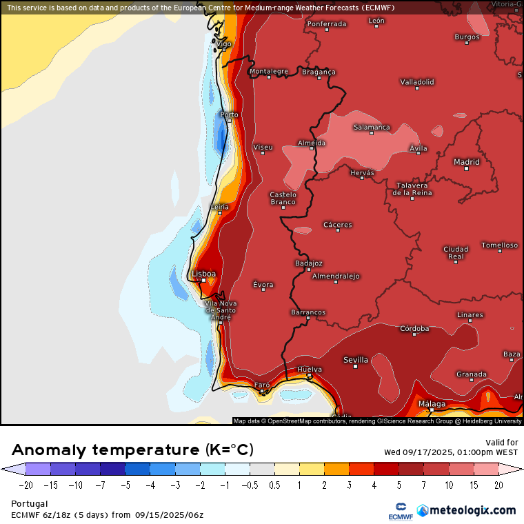 Temperaturas até 40ºC em Portugal Continental e poeiras, num dia de calor invulgar em Setembro... chuva forte nos Açores - saiba a previsão do tempo na quarta, 17 de setembro de 2025 Temperaturas até 10ºC acima da média nesta quarta-feira no Interior - no litoral mais perto do normal