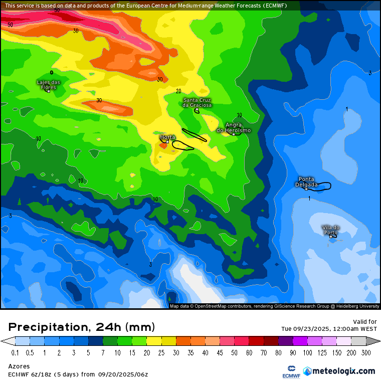 Mais frio e muito vento, mas muito sol em Portugal Continental, muita chuva nos Açores - saiba a previsão do tempo na segunda, 22 de setembro de 2025 Precipitação prevista para os Açores nesta segunda-feira - modelo ECMWF via Meteologix.com