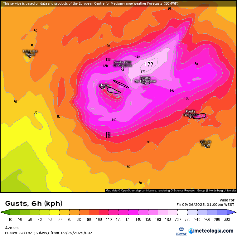 Furacão afeta os Açores em transição extra-tropical - Saiba os efeitos do "Gabrielle" e o tempo na sexta, 26 de setembro de 2025 Rajadas severas acima de 150km/h previstas nas Ilhas Centrais dos Açores