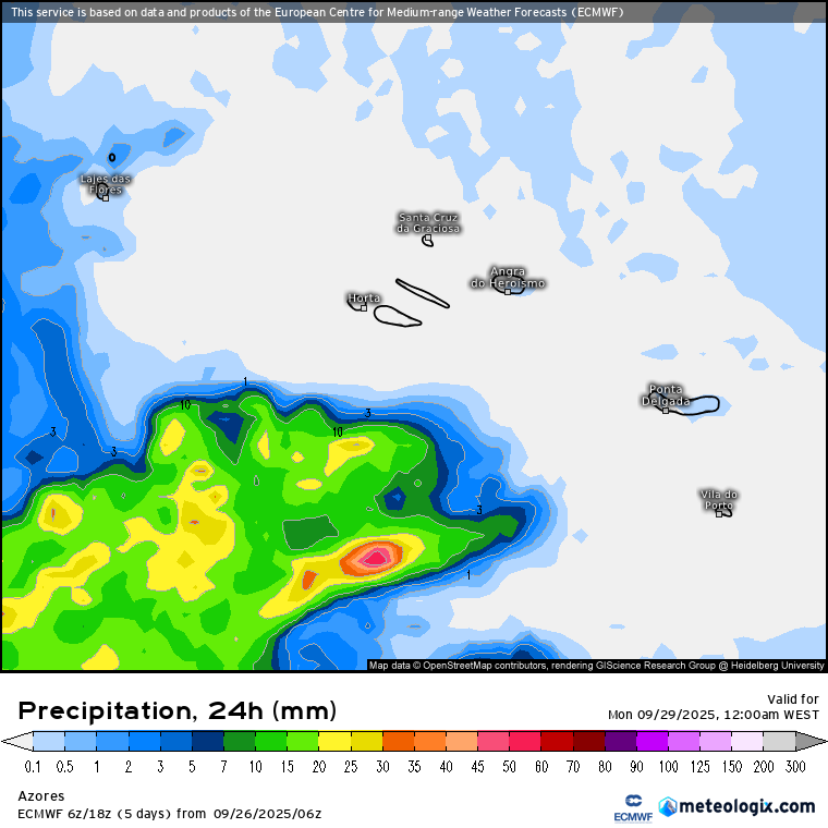 Previsão de precipitação no domingo nos Açores