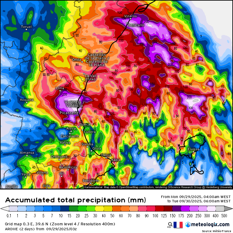 Tempestade em Espanha pode trazer chuvas históricas a algumas regiões nesta segunda-feira - como pode a Gabrielle ter ganho força no país vizinho? Previsão e explicação! 300-500mm de precipitação possíveis perto de Valencia ao final do dia de segunda-feira