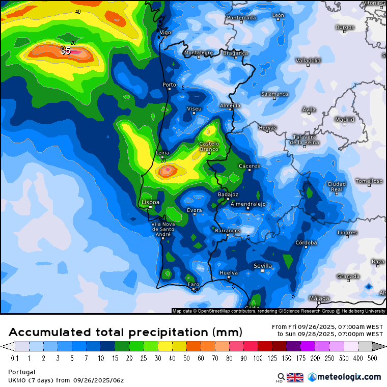 Chuva acumulada previsto pelo modelo UKMO para este domingo