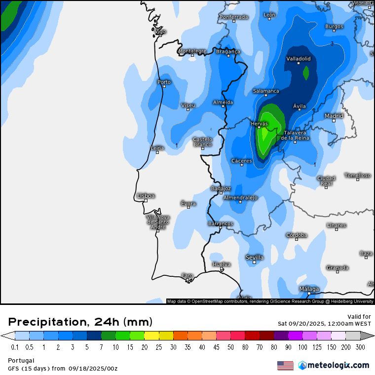 Temperaturas voltam a subir na despedida do Verão... e pode haver trovoadas - saiba a previsão do tempo na sexta, 19 de setembro de 2025 Previsão de precipitação total segundo o modelo GFS
