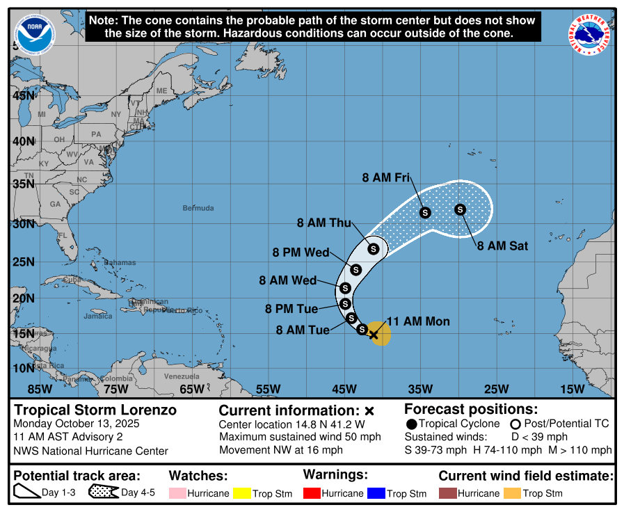 Tempestade Lorenzo no Atlântico - mas o calor fora de época continua em Portugal, com mais de 30ºC nos próximos dias - La Niña oficial - as novidades da meteorologia a meio de outubro Tempestade tropical Lorenzo - ciclone a Sul dos Açores, não afetando o arquipélago