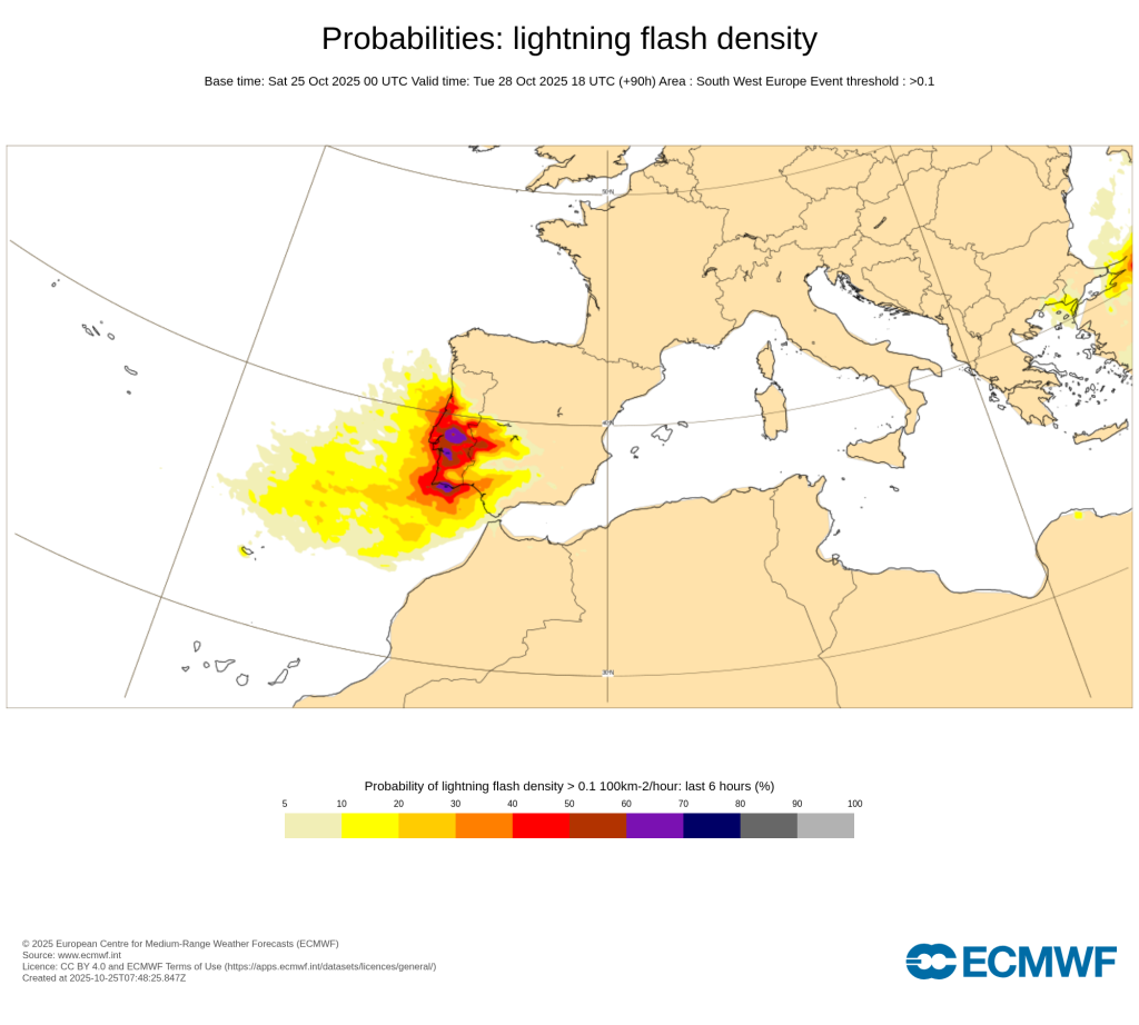 Tempestade Atlântica vai trazer muita chuva e trovoada a Portugal, e não fica por aqui... saiba as previsões do tempo na segunda e terça, 27-28 de outubro de 2025 Probabilidade de trovoadas na terça-feira, segundo previsões ECMWF