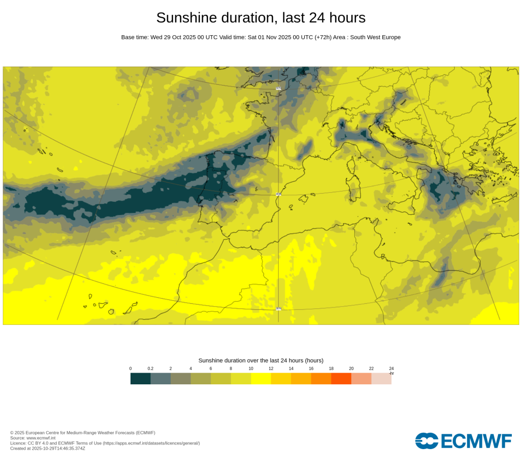 O tempo na sexta-feira pode trazer chuva extrema a algumas regiões, num dia muito escuro, ventoso... Dia das bruxas com um rio atmosférico impressionante! Tempo muito escuro nesta sexta-feira - a previsão de horas do sol do ECMWF não mente - ZERO!