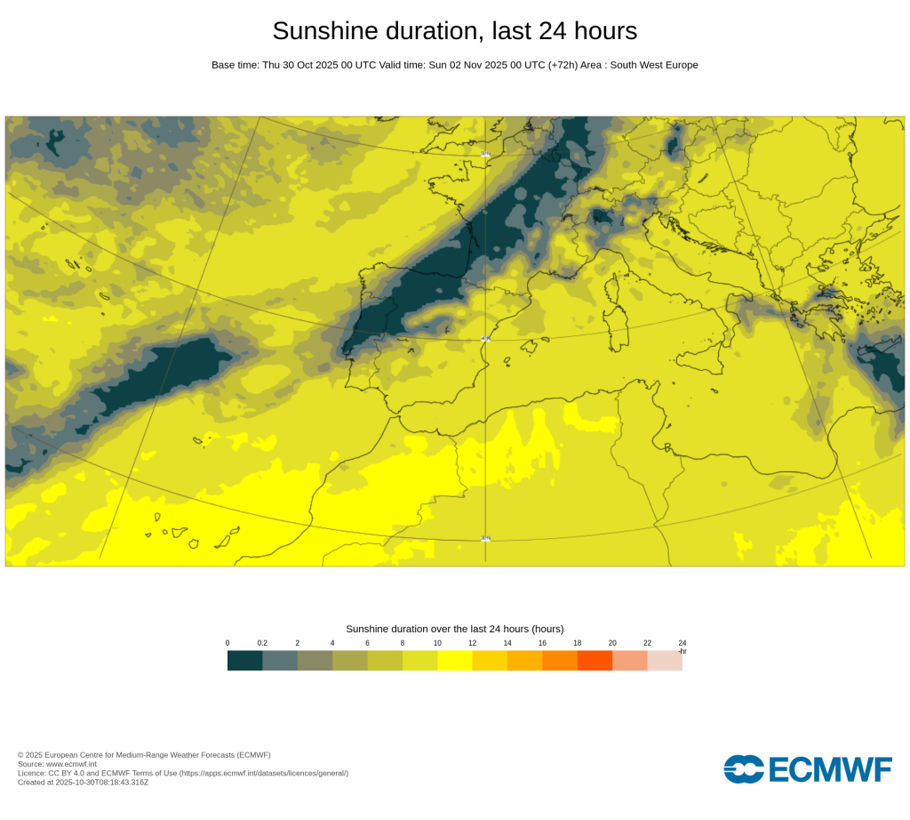 Tempo no fim-de-semana traz uma mudança rápida, com o anticiclone de regresso, e estabilidade, depois de chuvas torrenciais - saiba como estará na sua região nos dias 1 e 2 de novembro! Número de horas de sol previstas para este sábado, 1 de novembro de 2025