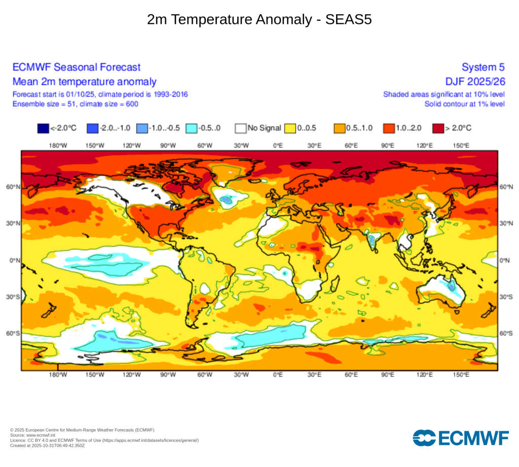 Um mês com bastante chuva, e depressões Atlânticas, ou o anticiclone consegue estabelecer-se? Eis a questão! - Vórtice polar alterado, será que o frio pode aparecer? - Saiba a previsão do tempo em novembro! Anomalia de temperatura global prevista pelo ECMWF para o Inverno 2025-26