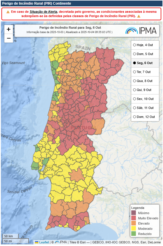 Forte crista anticiclónica traz o Verão de volta a Portugal! Saiba a previsão do tempo na segunda, 6 de outubro de 2025 Risco de incêndio calculado pelo IPMA para esta segunda-feira, 6 de outubro