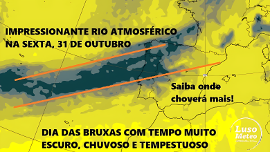 O tempo na sexta-feira pode trazer chuva extrema a algumas regiões, num dia muito escuro, ventoso... Dia das bruxas com um rio atmosférico impressionante! O tempo na sexta-feira pode trazer chuva extrema a algumas regiões, num dia muito escuro, ventoso... Dia das bruxas com um rio atmosférico impressionante!