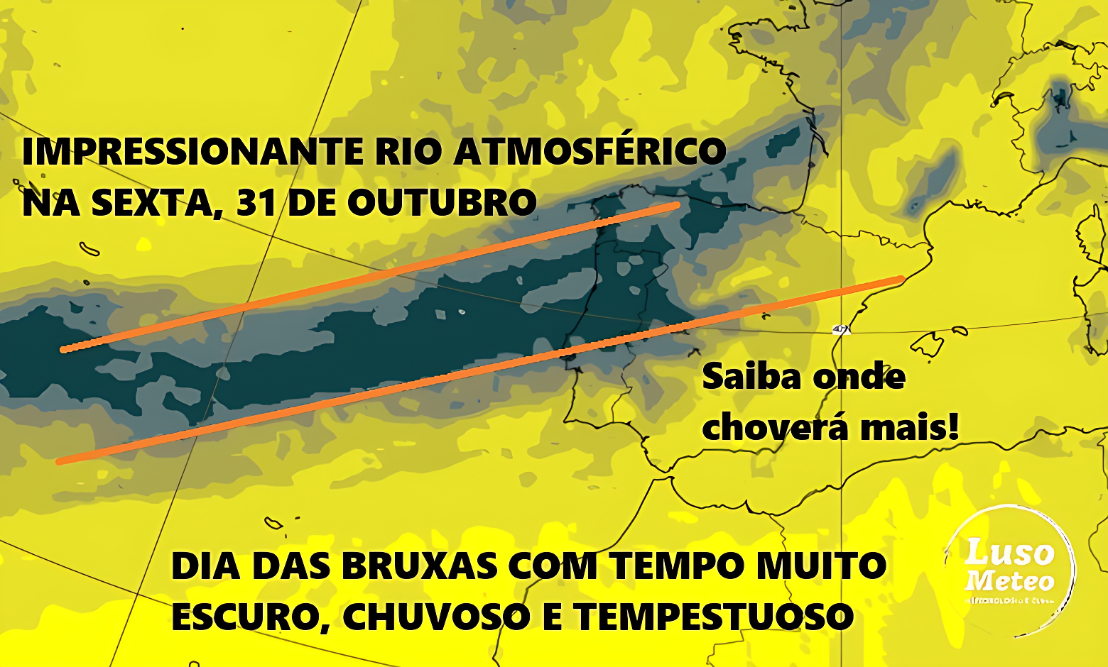 O tempo na sexta-feira pode trazer chuva extrema a algumas regiões, num dia muito escuro, ventoso... Dia das bruxas com um rio atmosférico impressionante! O tempo na sexta-feira pode trazer chuva extrema a algumas regiões, num dia muito escuro, ventoso... Dia das bruxas com um rio atmosférico impressionante!