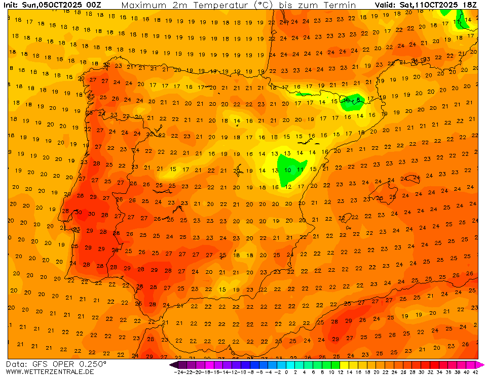Bloqueio em ómega pode marcar a meteorologia esta semana - Portugal com variações térmicas, Espanha com uma tempestade - saiba como estará o tempo esta semana, 6 a 12 de outubro de 2025 A caminhar para o meio de outubro, continua a prever-se temperatura acima de 30ºC... sábado, dia 11, NOAA GFS