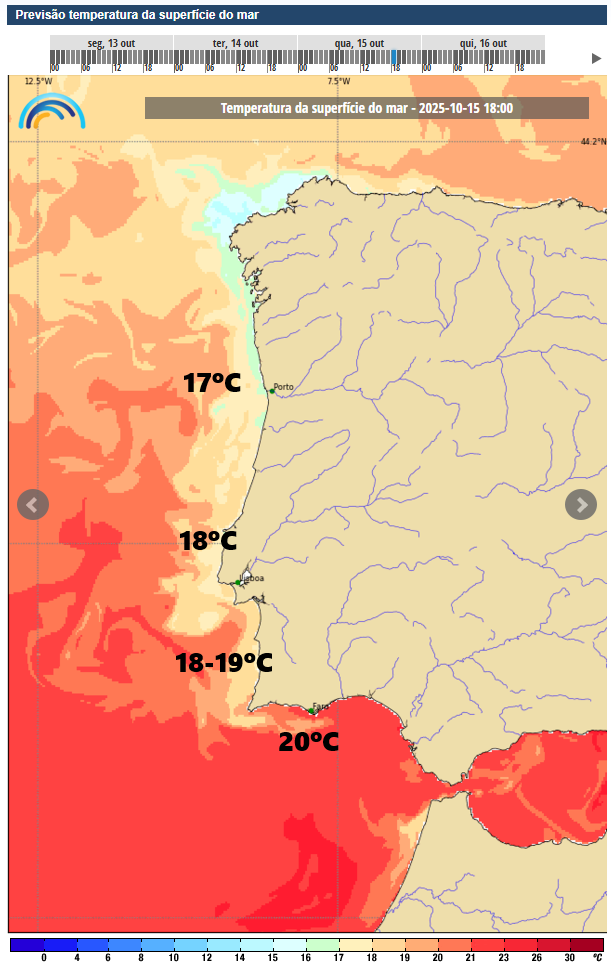 Chuva parece ameaçar, mas o anticiclone continua a resistir - e não sabemos até quando! - Saiba o tempo esta semana, 13 a 19 de outubro, e como poderá ser depois! Temperatura da água do mar na quarta, 15 de outubro - previsão IPMA