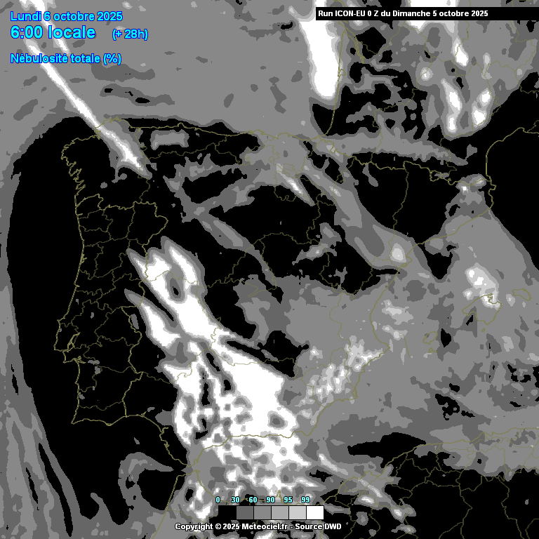 Bloqueio em ómega pode marcar a meteorologia esta semana - Portugal com variações térmicas, Espanha com uma tempestade - saiba como estará o tempo esta semana, 6 a 12 de outubro de 2025 Evolução da nebulosidade entre segunda e quarta-feira, segundo previsão ICON-EU
