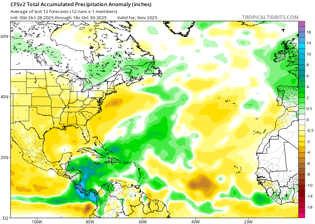 Um mês com bastante chuva, e depressões Atlânticas, ou o anticiclone consegue estabelecer-se? Eis a questão! - Vórtice polar alterado, será que o frio pode aparecer? - Saiba a previsão do tempo em novembro! Tempo em novembro - A última atualização do modelo CFSv2 divide o país - mais chuva no Norte, menos chuva no Sul - e nas Ilhas!