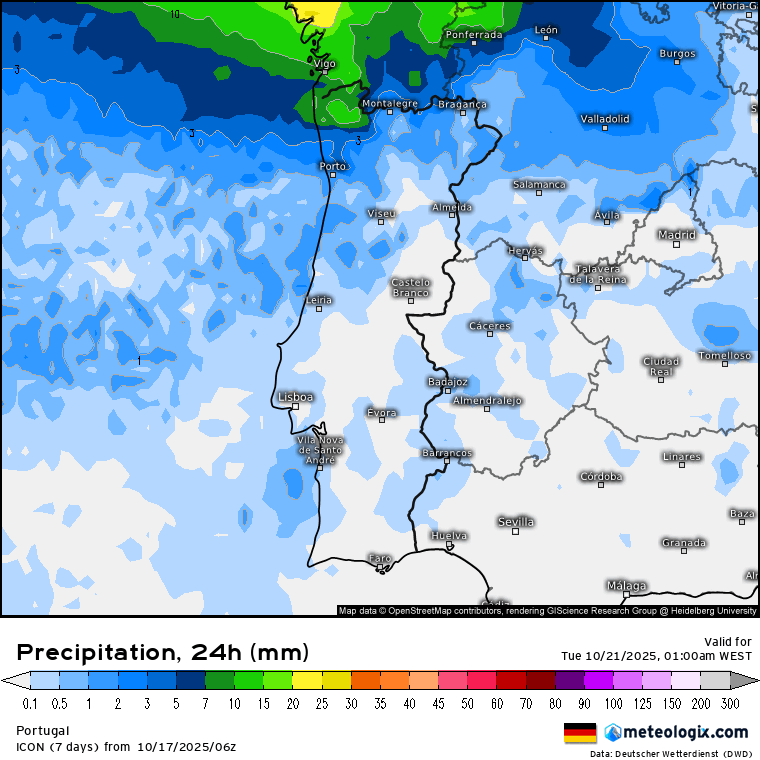 Chuva instala-se em Portugal, com um regime de NAO- e depressões no Atlântico, mas não chove em todas as regiões - saiba as previsões do tempo na segunda e terça, 20 e 21 de outubro de 2025 Chuva prevista na segunda e terça-feira, 20\21 de outubro - ICON