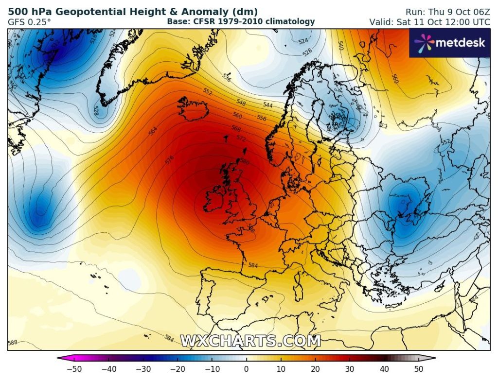 Tempo de "Verão", com trovoadas, antes de uma mudança para o outono a sério? - Aproveite aquele que pode ser o último fim-de-semana de calor do ano - Previsão 11 e 12 de outubro de 2025 Forte anticiclone centrado sobre o Reino Unido - bloqueio mantendo o tempo estável no fim-de-semana