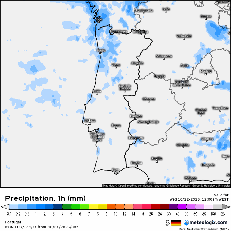 Mau tempo: Depressões e ligação "direta" ao Atlântico tropical podem gerar chuva forte e vento nos próximos dias - muita humidade e tempo muito cinzento entre quarta e sexta, 22 a 24 de outubro de 2025 Chuva na quarta-feira ao longo do dia, conforme previsão ICON-EU