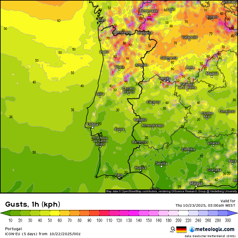 Tempestade Benjamin - Chuva, vento e agitação marítima - Saiba os efeitos em Portugal desta ciclogénese explosiva, e de que forma afeta o regime atmosférico! Vento forte previsto para a madrugada de quinta-feira - previsão ICON, com rajadas superiores a 100km/h nas terras altas