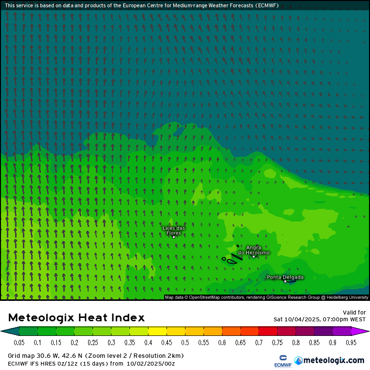 O vento Sul\Sudeste será quente, e o produto Heat Index (índice de calor) do Meteologix mostra desconforto térmico