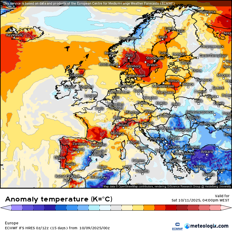 Tempo de "Verão", com trovoadas, antes de uma mudança para o outono a sério? - Aproveite aquele que pode ser o último fim-de-semana de calor do ano - Previsão 11 e 12 de outubro de 2025 Temperaturas mais de 5ºC acima da média previstas para este sábado, 11 de outubro de 2025 - carta ECMWF, via Meteologix