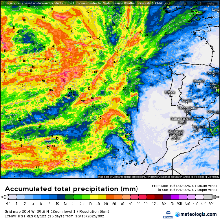 Chuva parece ameaçar, mas o anticiclone continua a resistir - e não sabemos até quando! - Saiba o tempo esta semana, 13 a 19 de outubro, e como poderá ser depois! Chuva esta semana - previsão de total de precipitação acumulada pelo modelo Europeu ECMWF